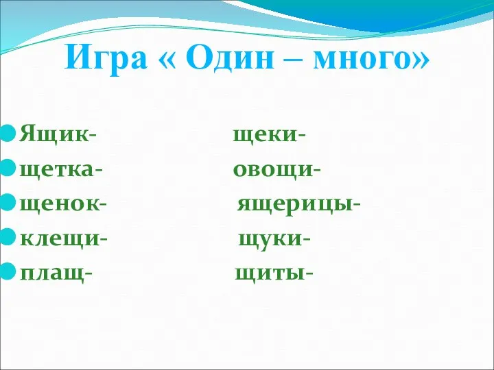 Ящик- щеки- щетка- овощи- щенок- ящерицы- клещи- щуки- плащ- щиты- Игра « Один – много»