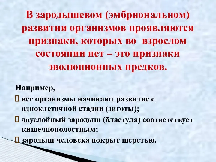 Например, все организмы начинают развитие с одноклеточной стадии (зиготы); двуслойный зародыш