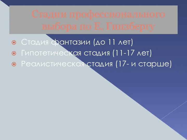 Стадии профессионального выбора по Е. Гинзбергу Стадия фантазии (до 11 лет)