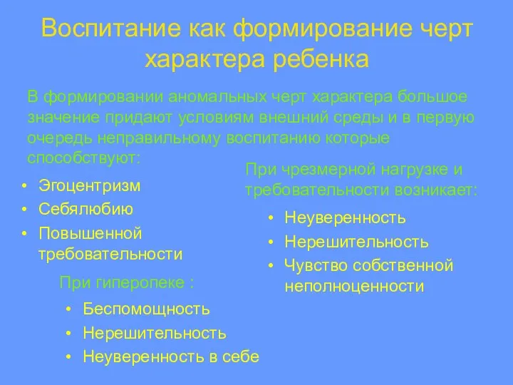 Воспитание как формирование черт характера ребенка Эгоцентризм Себялюбию Повышенной требовательности В