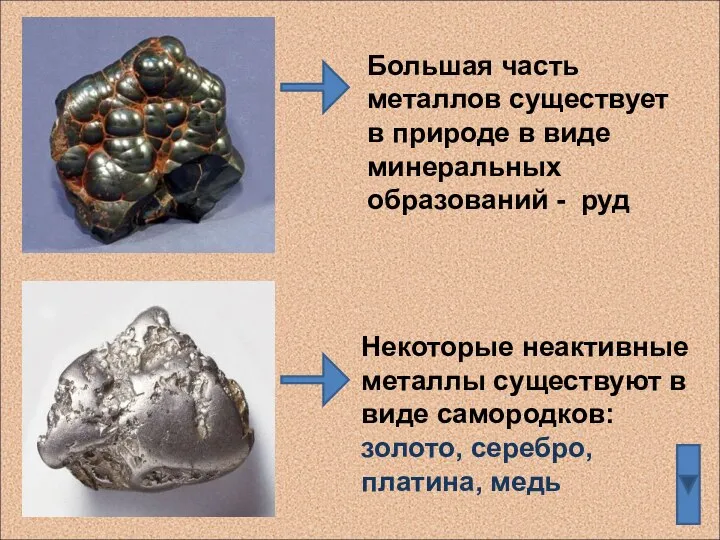 Большая часть металлов существует в природе в виде минеральных образований -