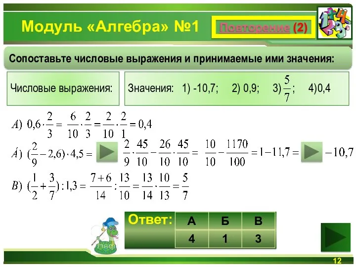 Модуль «Алгебра» №1 Повторение (2) Сопоставьте числовые выражения и принимаемые ими