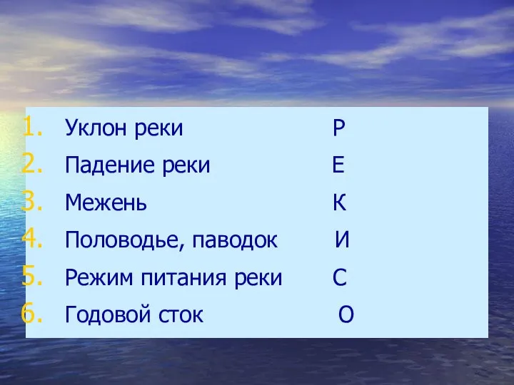 Уклон реки Р Падение реки Е Межень К Половодье, паводок И