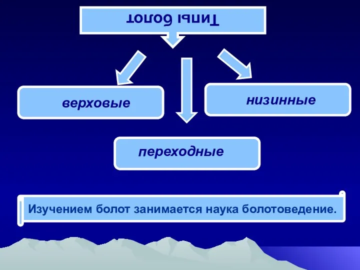 Типы болот верховые низинные переходные Изучением болот занимается наука болотоведение.