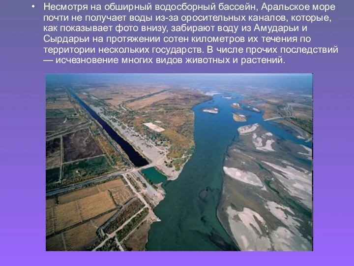 Несмотря на обширный водосборный бассейн, Аральское море почти не получает воды