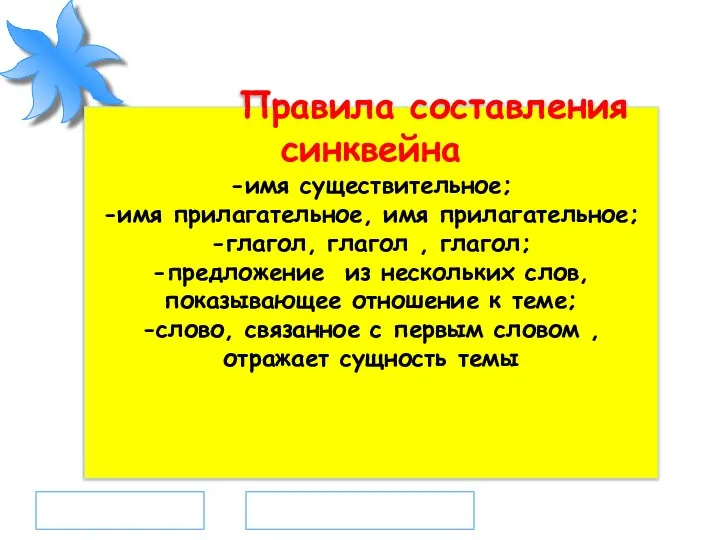 Правила составления синквейна -имя существительное; -имя прилагательное, имя прилагательное; -глагол, глагол