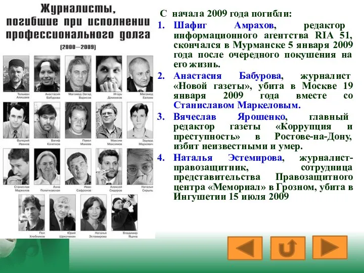 С начала 2009 года погибли: Шафиг Амрахов, редактор информационного агентства RIA