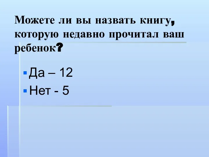 Можете ли вы назвать книгу, которую недавно прочитал ваш ребенок? Да – 12 Нет - 5