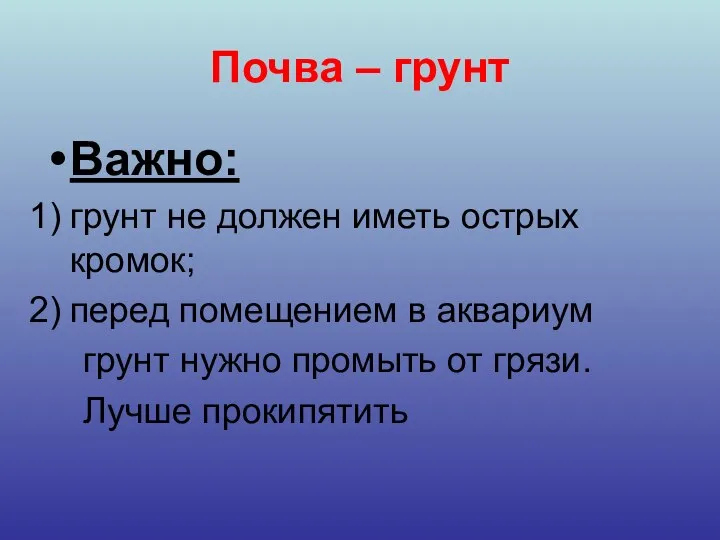 Почва – грунт Важно: грунт не должен иметь острых кромок; перед