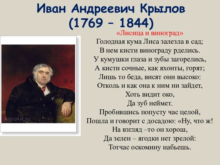 Иван Андреевич Крылов (1769 – 1844) «Лисица и виноград» Голодная кума