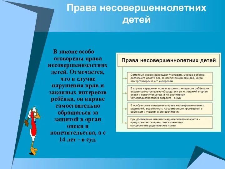 Права несовершеннолетних детей В законе особо оговорены права несовершеннолетних детей. Отмечается,