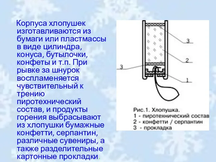 Корпуса хлопушек изготавливаются из бумаги или пластмассы в виде цилиндра, конуса,