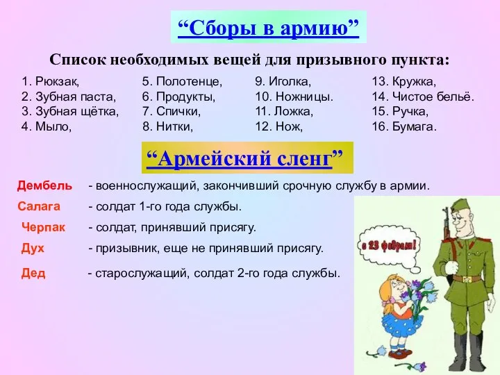 “Сборы в армию” Список необходимых вещей для призывного пункта: 1. Рюкзак,