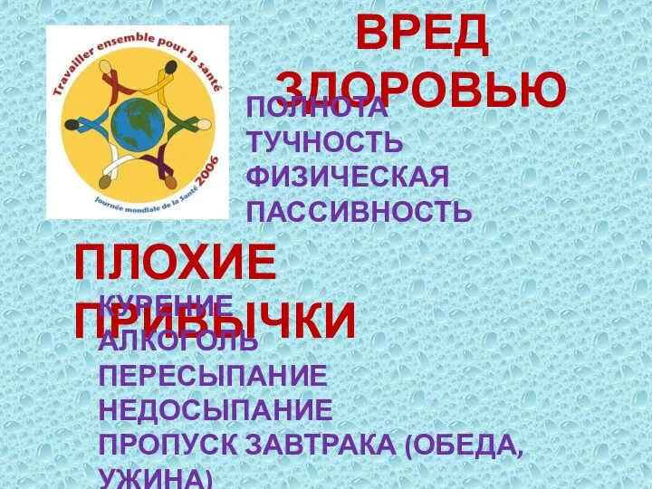 ВРЕД ЗДОРОВЬЮ ПОЛНОТА ТУЧНОСТЬ ФИЗИЧЕСКАЯ ПАССИВНОСТЬ ПЛОХИЕ ПРИВЫЧКИ КУРЕНИЕ АЛКОГОЛЬ ПЕРЕСЫПАНИЕ НЕДОСЫПАНИЕ ПРОПУСК ЗАВТРАКА (ОБЕДА, УЖИНА)