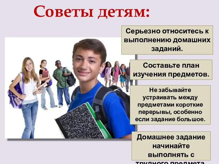 Советы детям: Серьезно относитесь к выполнению домашних заданий. Составьте план изучения