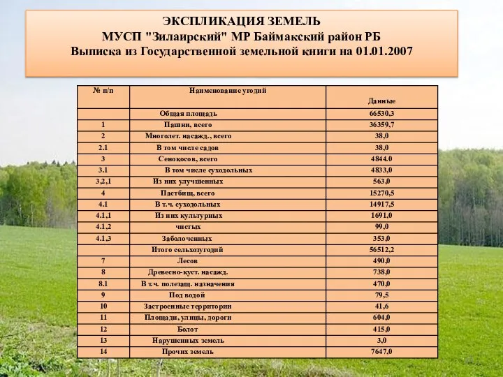 ЭКСПЛИКАЦИЯ ЗЕМЕЛЬ МУСП "Зилаирский" МР Баймакский район РБ Выписка из Государственной земельной книги на 01.01.2007