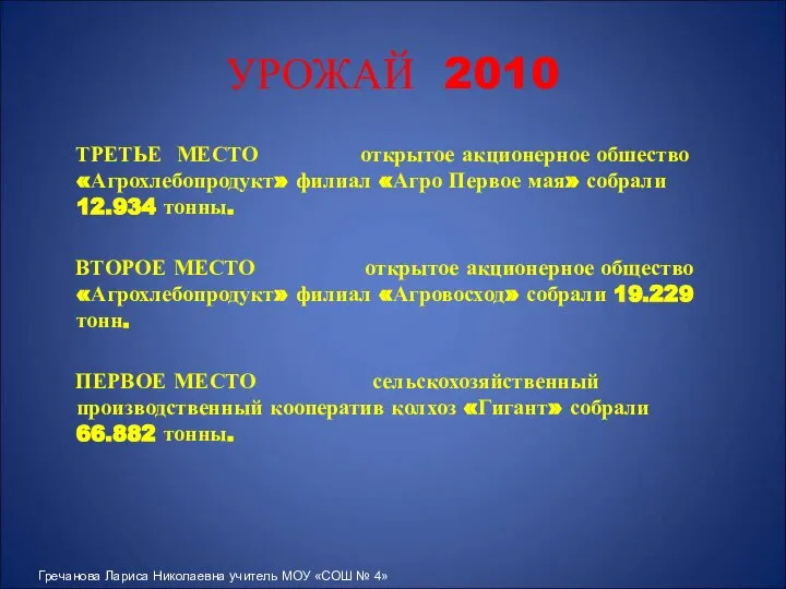 УРОЖАЙ 2010 ТРЕТЬЕ МЕСТО открытое акционерное обшество «Агрохлебопродукт» филиал «Агро Первое