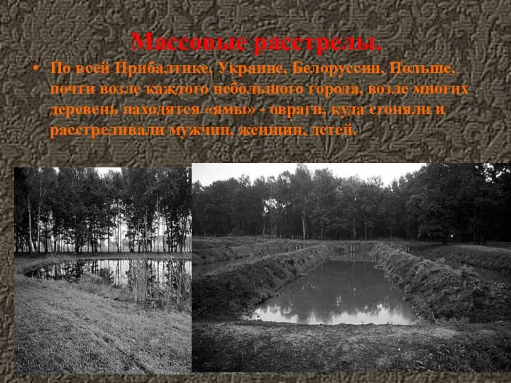 Массовые расстрелы. По всей Прибалтике, Украине, Белоруссии, Польше, почти возле каждого