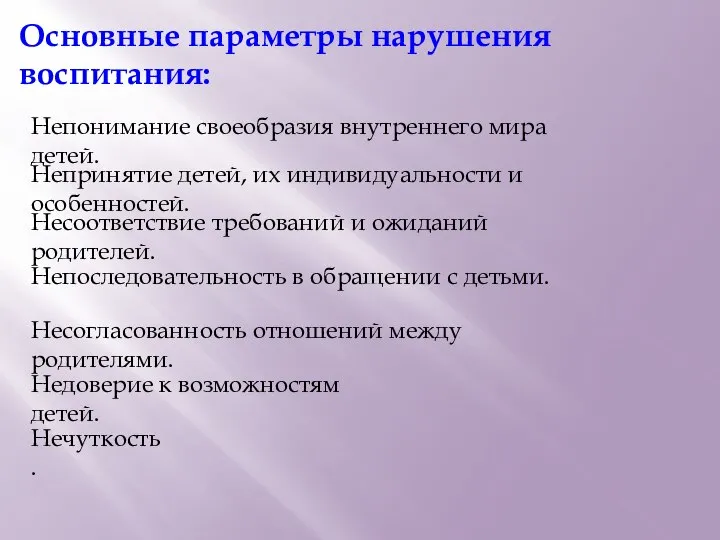 Основные параметры нарушения воспитания: Непонимание своеобразия внутреннего мира детей. Непринятие детей,