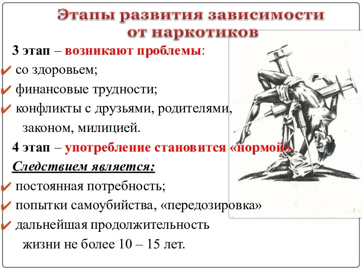 3 этап – возникают проблемы: со здоровьем; финансовые трудности; конфликты с