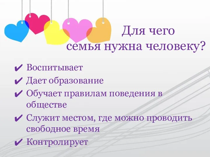 Для чего семья нужна человеку? Воспитывает Дает образование Обучает правилам поведения