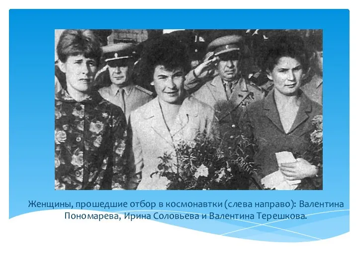 Женщины, прошедшие отбор в космонавтки (слева направо): Валентина Пономарева, Ирина Соловьева и Валентина Терешкова.