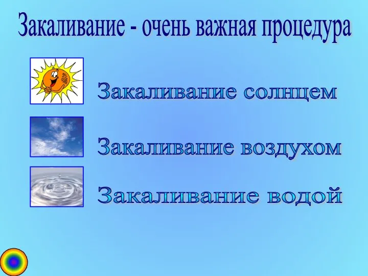 Закаливание - очень важная процедура Закаливание водой Закаливание воздухом Закаливание солнцем