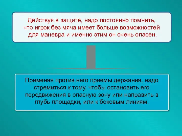 Действуя в защите, надо постоянно помнить, что игрок без мяча имеет