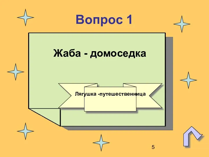 Вопрос 1 Жаба - домоседка Лягушка -путешественница