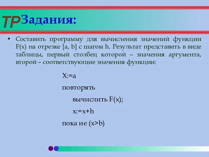 Задания: Составить программу для вычисления значений функции F(x) на отрезке [a,