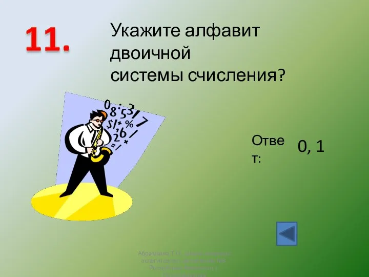 Укажите алфавит двоичной системы счисления? Ответ: 0, 1 Абрамкина Т.Н., школа-комплекс