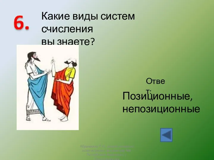 Какие виды систем счисления вы знаете? Ответ: Позиционные, непозиционные Абрамкина Т.Н.,