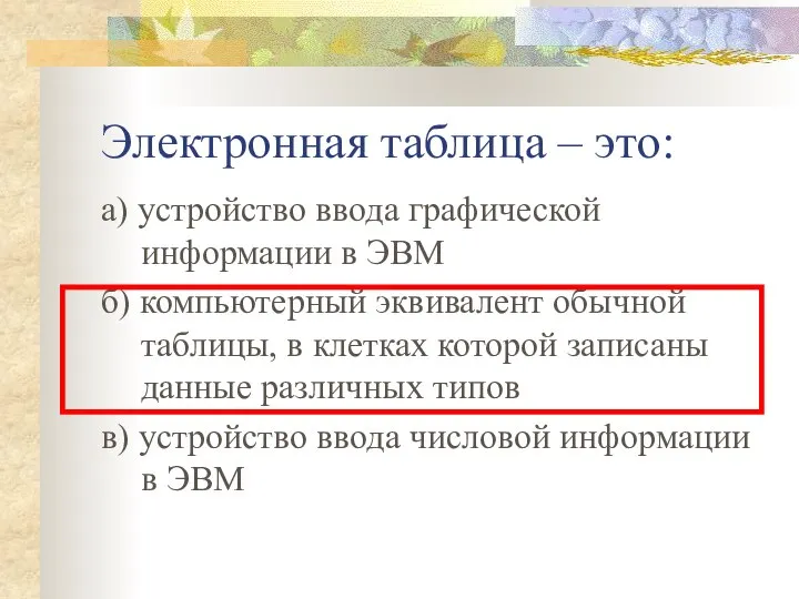 Электронная таблица – это: а) устройство ввода графической информации в ЭВМ