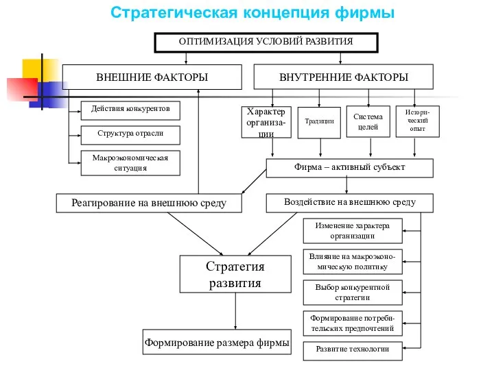 Характер организа-ции Традиции Система целей Истори-ческий опыт Стратегия развития Формирование размера фирмы Стратегическая концепция фирмы