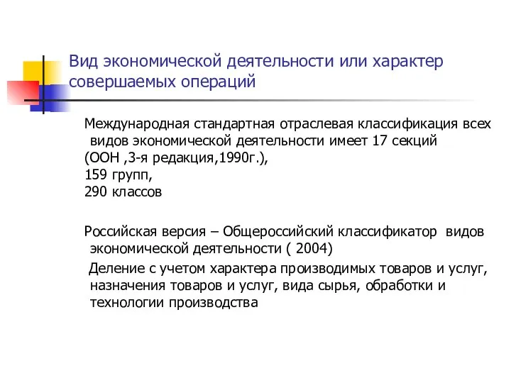 Вид экономической деятельности или характер совершаемых операций Международная стандартная отраслевая классификация