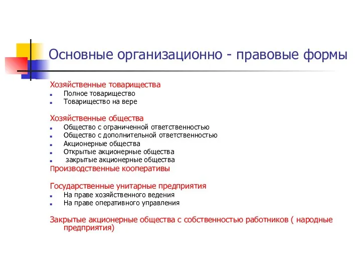 Основные организационно - правовые формы Хозяйственные товарищества Полное товарищество Товарищество на