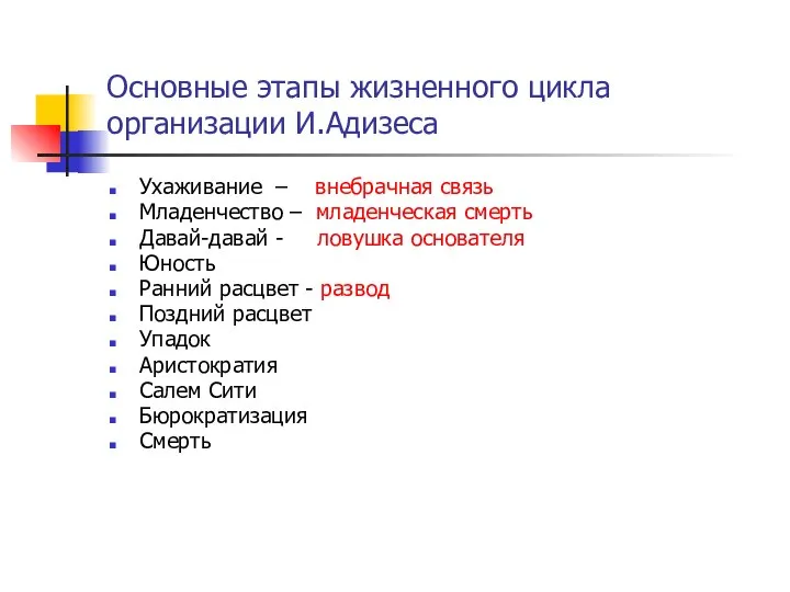 Основные этапы жизненного цикла организации И.Адизеса Ухаживание – внебрачная связь Младенчество