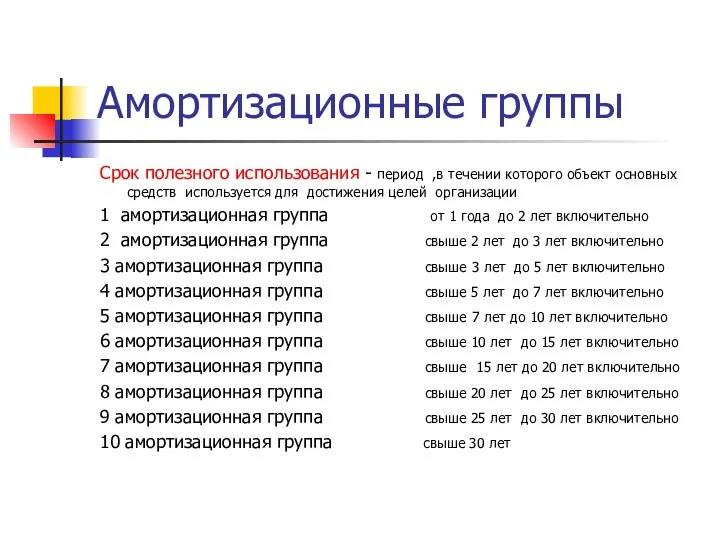 Амортизационные группы Срок полезного использования - период ,в течении которого объект