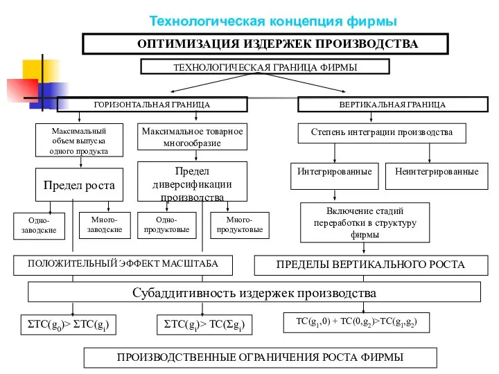 ПРОИЗВОДСТВЕННЫЕ ОГРАНИЧЕНИЯ РОСТА ФИРМЫ ГОРИЗОНТАЛЬНАЯ ГРАНИЦА Максимальный объем выпуска одного продукта