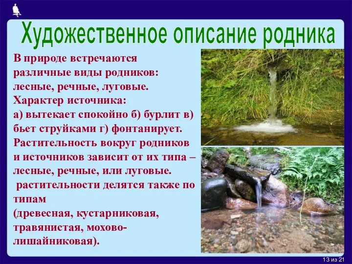 из 21 В природе встречаются различные виды родников: лесные, речные, луговые.