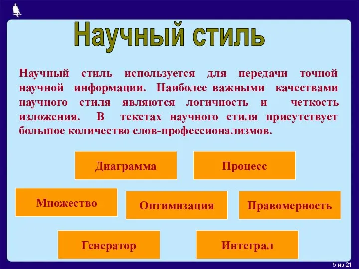 из 21 Научный стиль используется для передачи точной научной информации. Наиболее