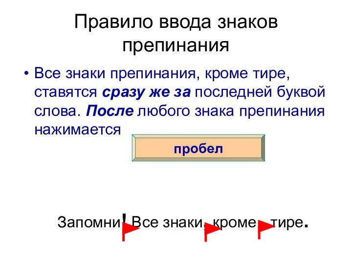 Правило ввода знаков препинания Все знаки препинания, кроме тире, ставятся сразу