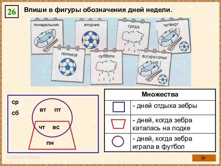 Смена схемы 26 Впиши в фигуры обозначения дней недели. пн вт