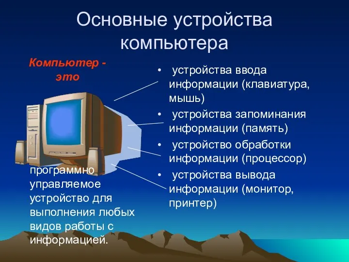 Основные устройства компьютера устройства ввода информации (клавиатура, мышь) устройства запоминания информации