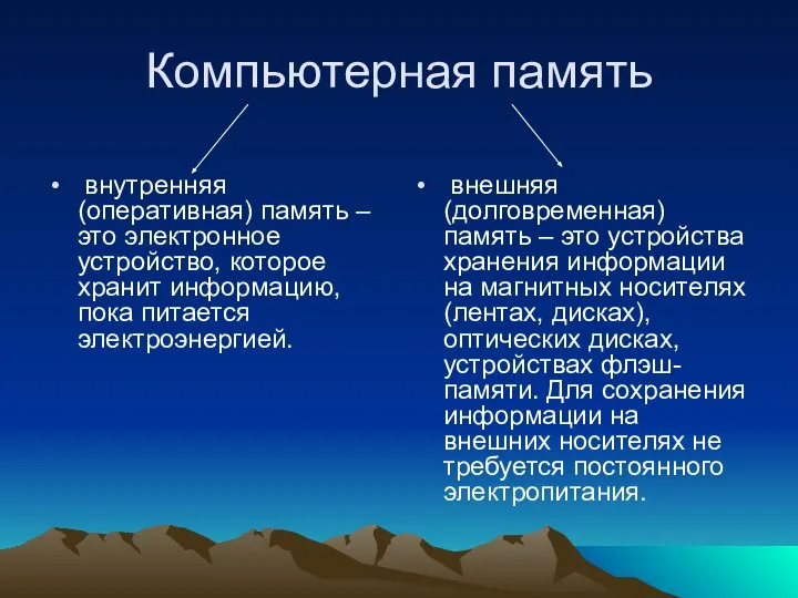 Компьютерная память внутренняя (оперативная) память – это электронное устройство, которое хранит