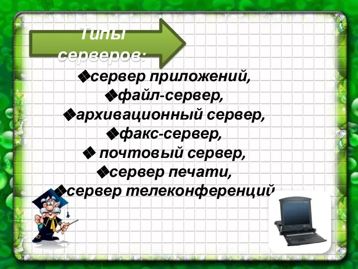 Типы серверов: сервер приложений, файл-сервер, архивационный сервер, факс-сервер, почтовый сервер, сервер печати, сервер телеконференций