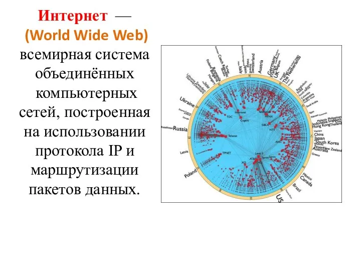 Интернет — (World Wide Web) всемирная система объединённых компьютерных сетей, построенная