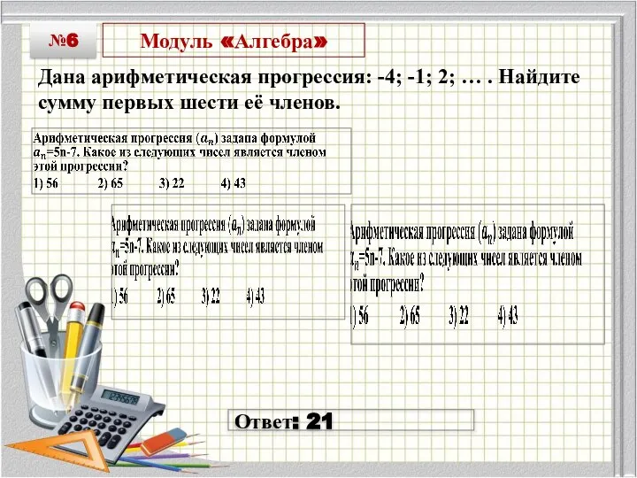 Модуль «Алгебра» Дана арифметическая прогрессия: -4; -1; 2; … . Найдите