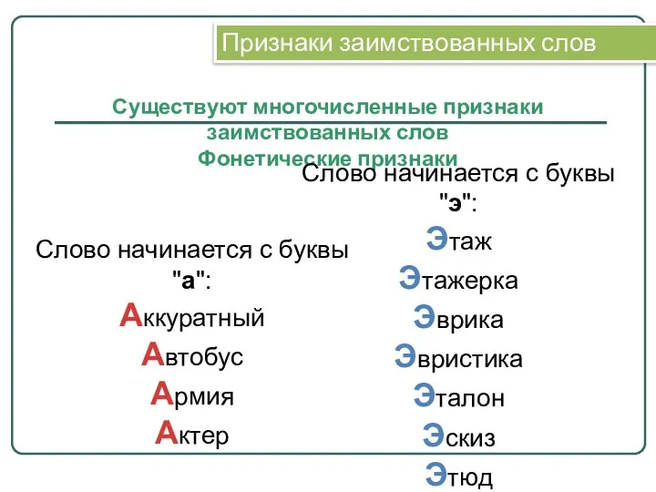 Признаки заимствованных слов Слово начинается с буквы "а": Аккуратный Автобус Армия