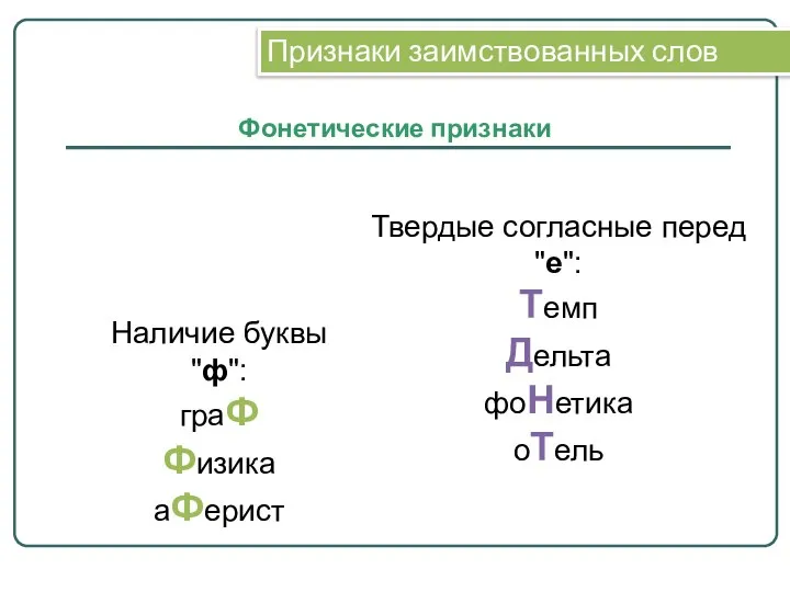 Наличие буквы "ф": граФ Физика аФерист Фонетические признаки Твердые согласные перед